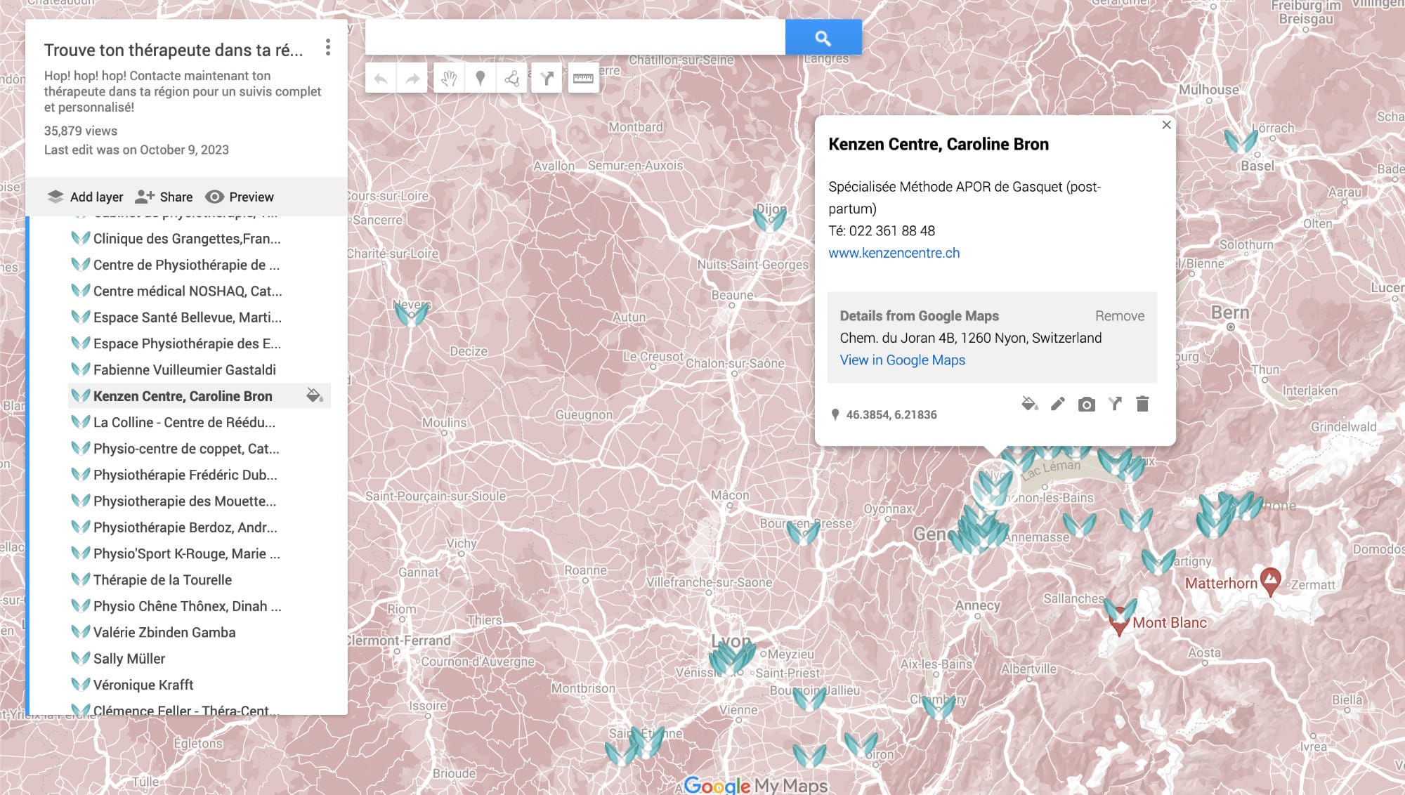 Screenshot of a custom map where to find healthcare pratictioners on pelvic floor issues