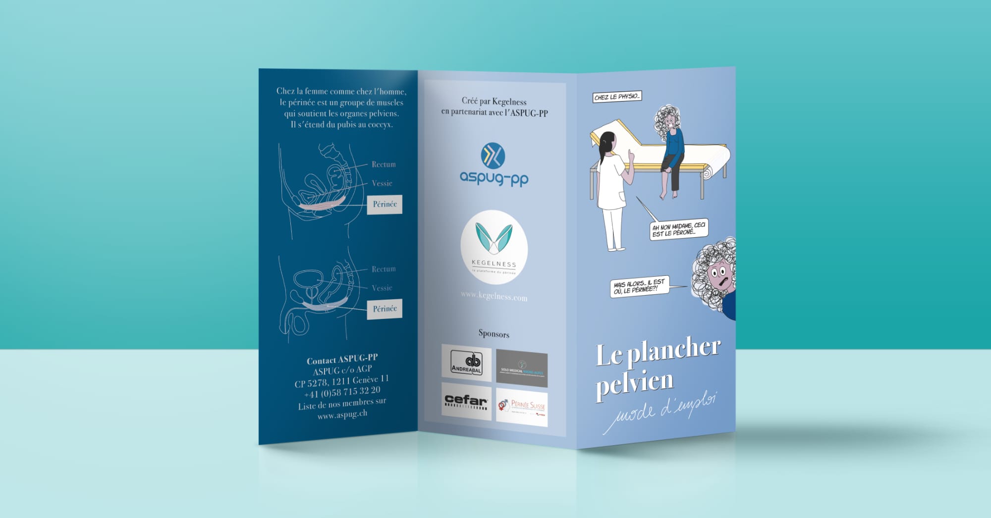 A trifold leaflet on pelvic floor implications, with illustrated characters