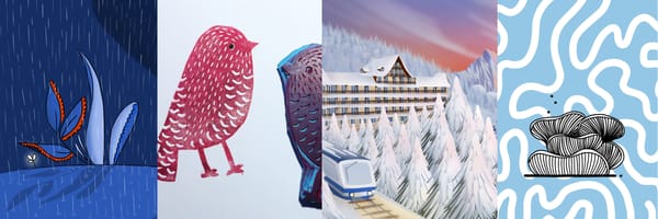 digital illustration for children books, a bird stamp, illustration of Clinique Valmont, and illustrated mushroom